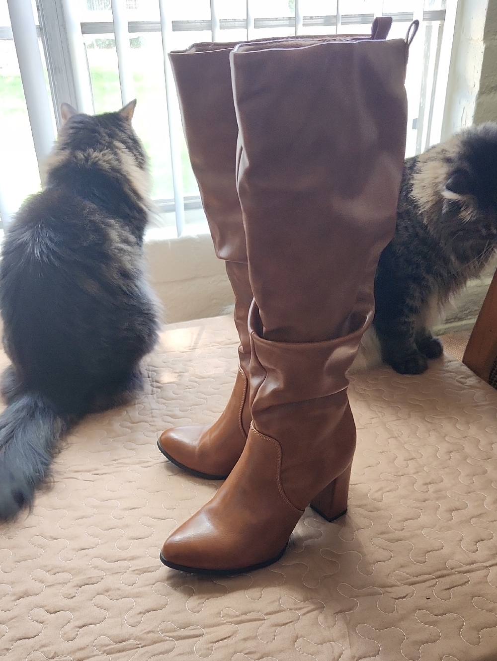 Tall Slouch Knee-High Heeled Boots in Brown